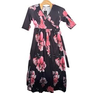 Pinup Fashion 14W Maxi Dress Floral Wrap V Neck 3/4 Sleeve Retro Church Boho NWT